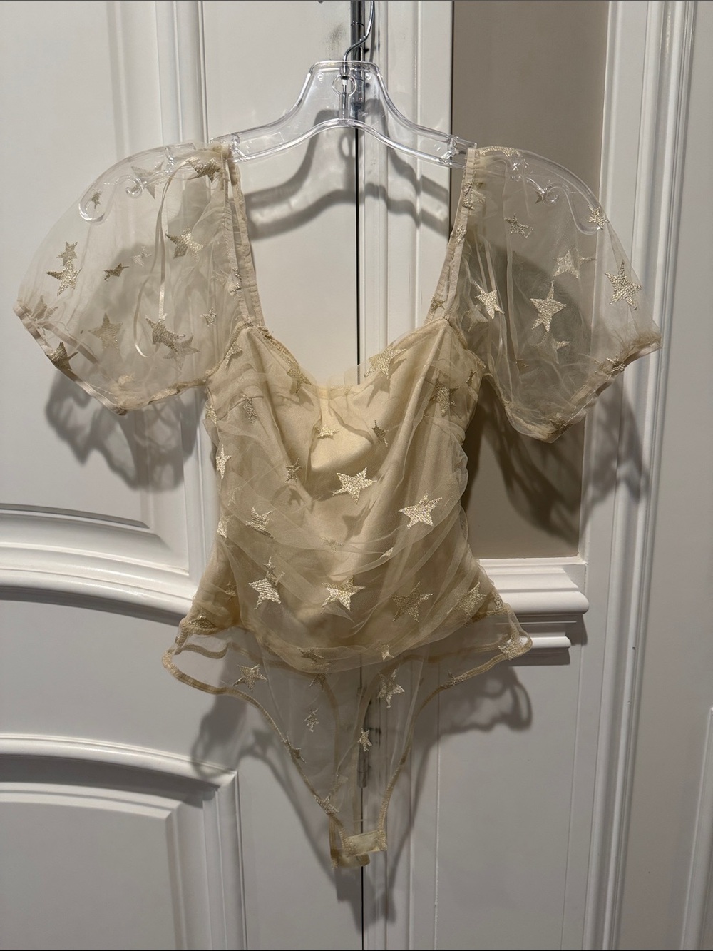 Le Lis Sheer Star-Embroidered Bodysuit in Champagne Gold